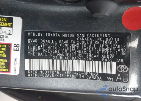 2010 Toyota Corolla из США, поврежденный, VIN 2T1BU4EE8AC494205